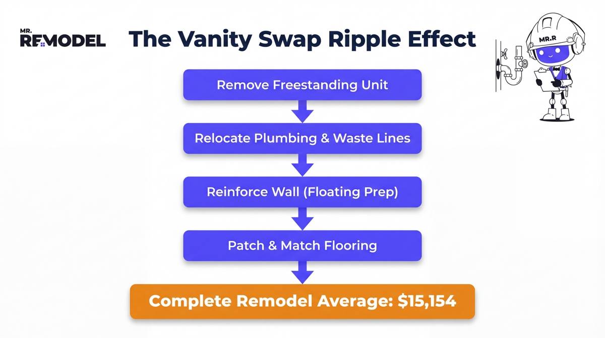 A flowchart infographic illustrating the technical steps that turn a vanity replacement into a complete bathroom renovation, including plumbing and flooring repairs.